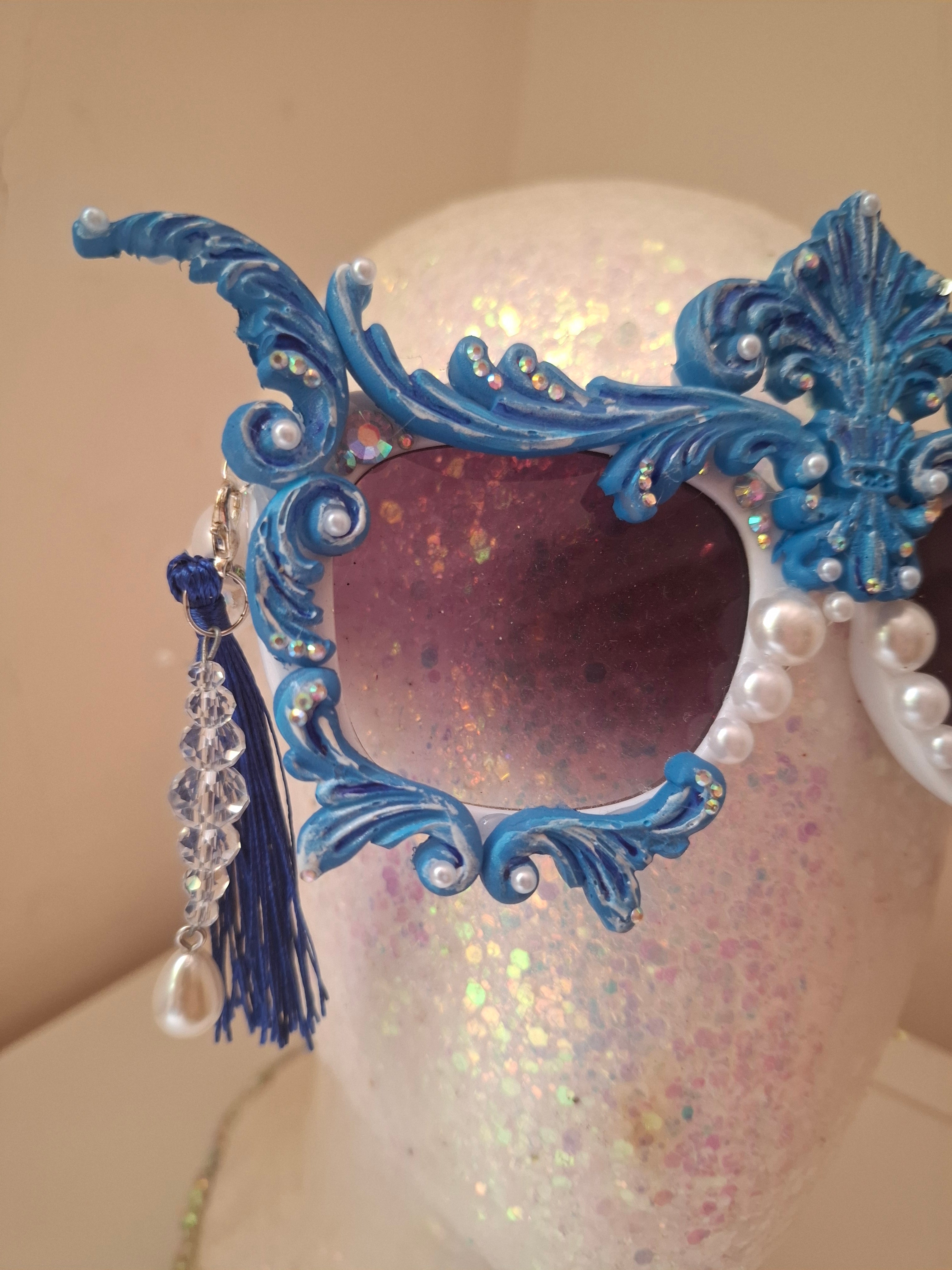 Hand-sculpted sunglasses in cobalt blue scrollwork with cascading pearl drops.