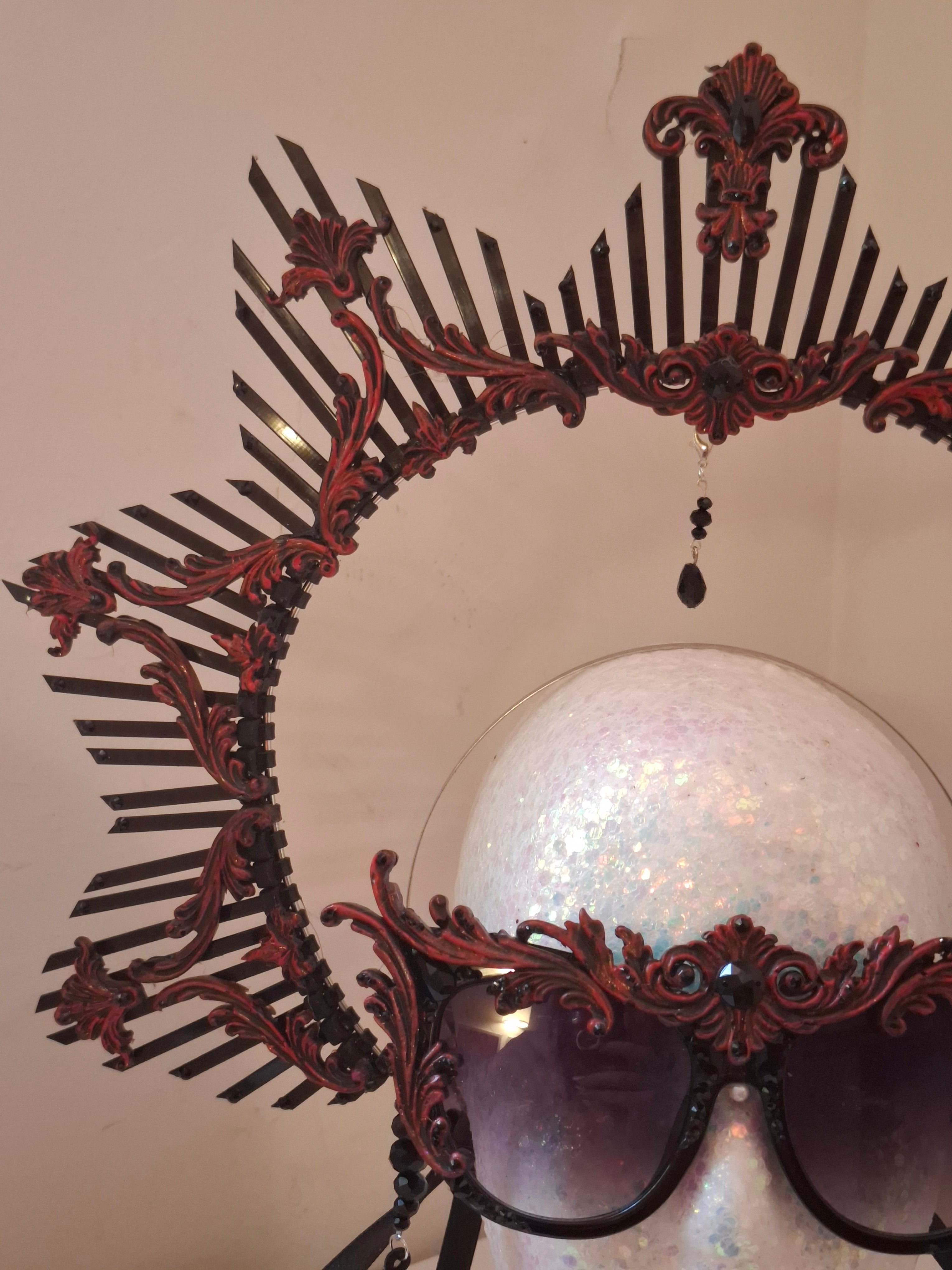Hand-sculpted crown headpiece in crimson scrollwork, matching the Ethel sunglasses