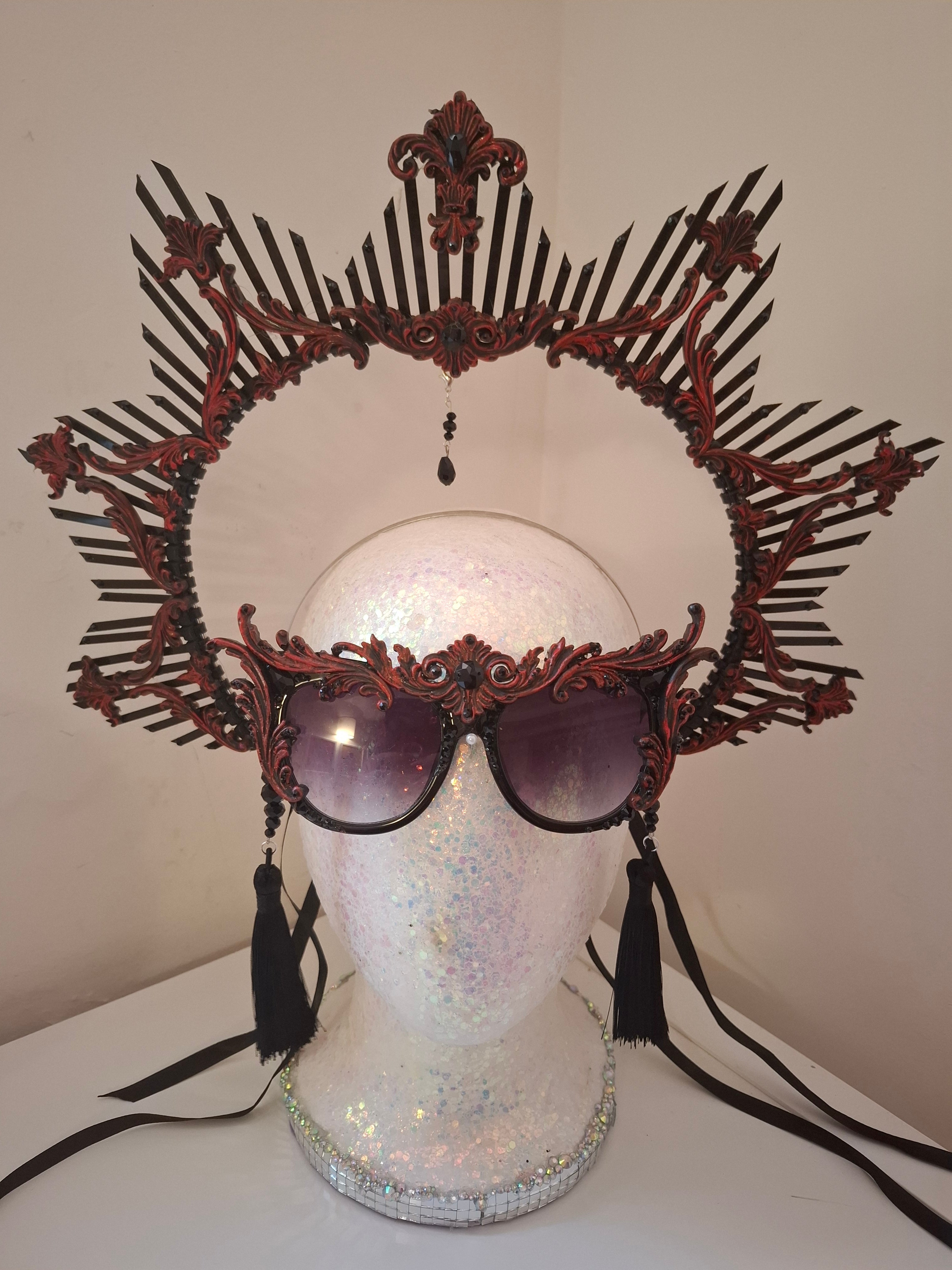 Hand-sculpted crown headpiece in crimson scrollwork, matching the Ethel sunglasses