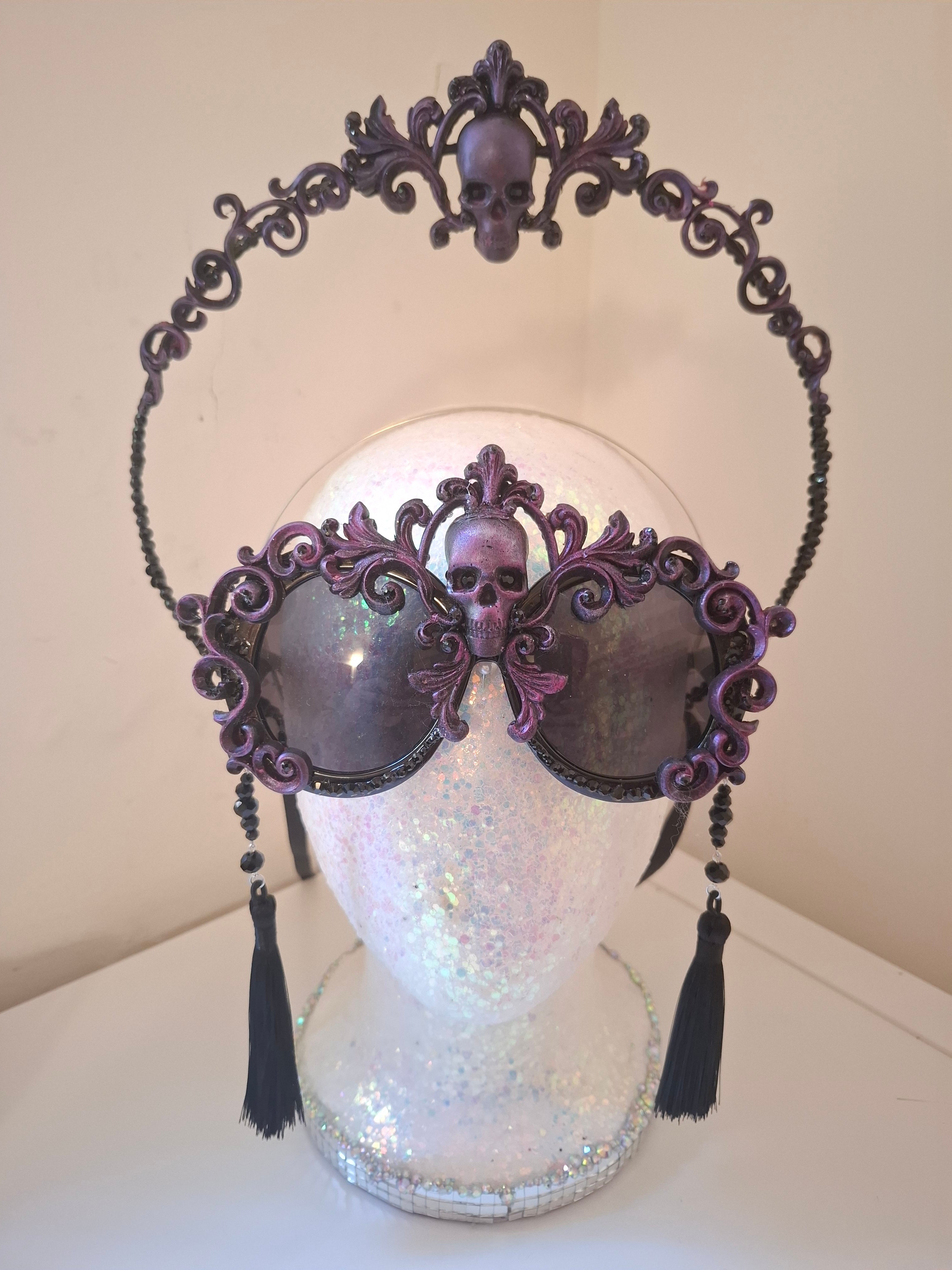 Hand-sculpted crown headpiece with skull detail, matching the Mabel sunglasses.