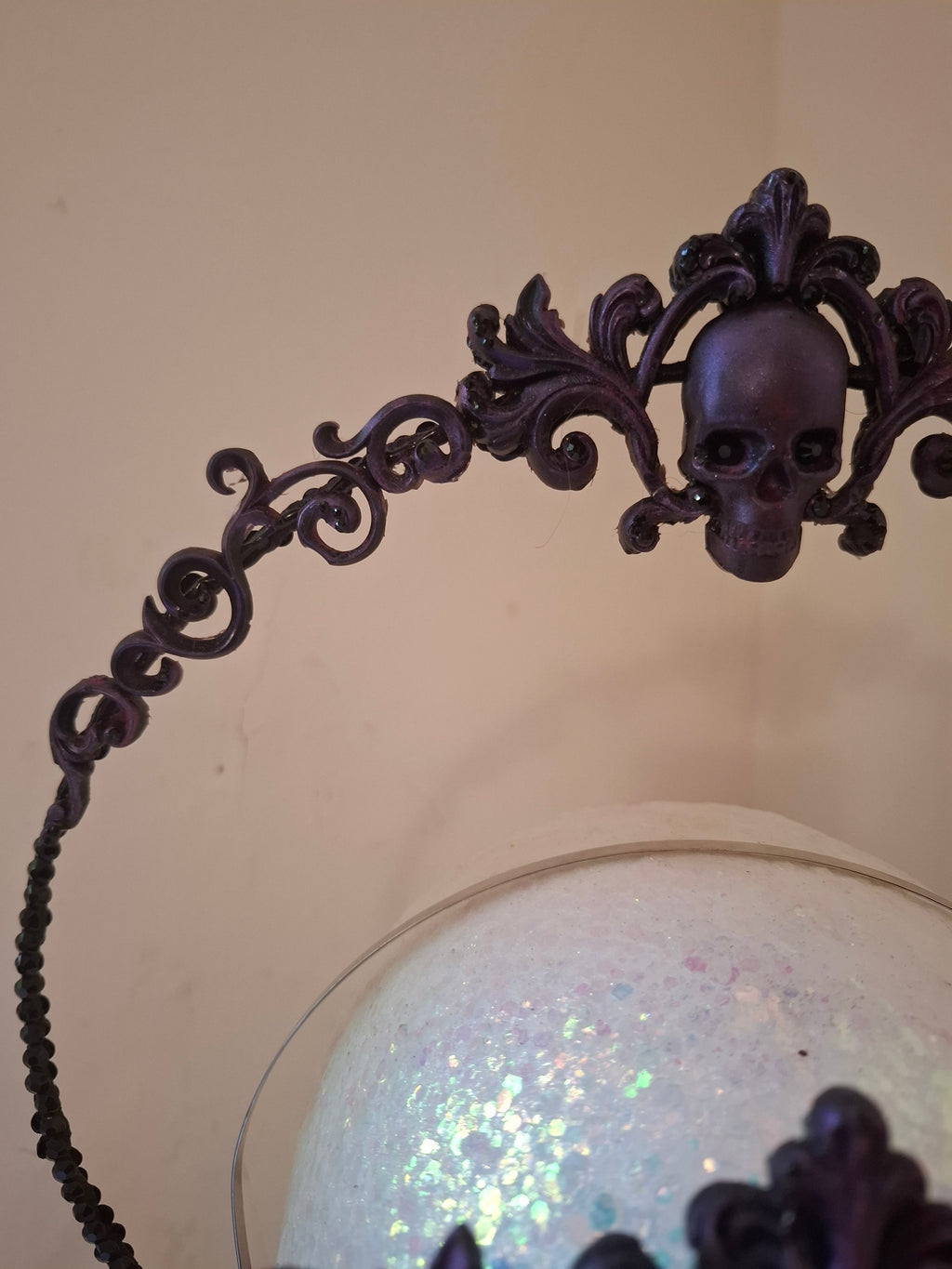 Hand-sculpted crown headpiece with skull detail, matching the Mabel sunglasses.